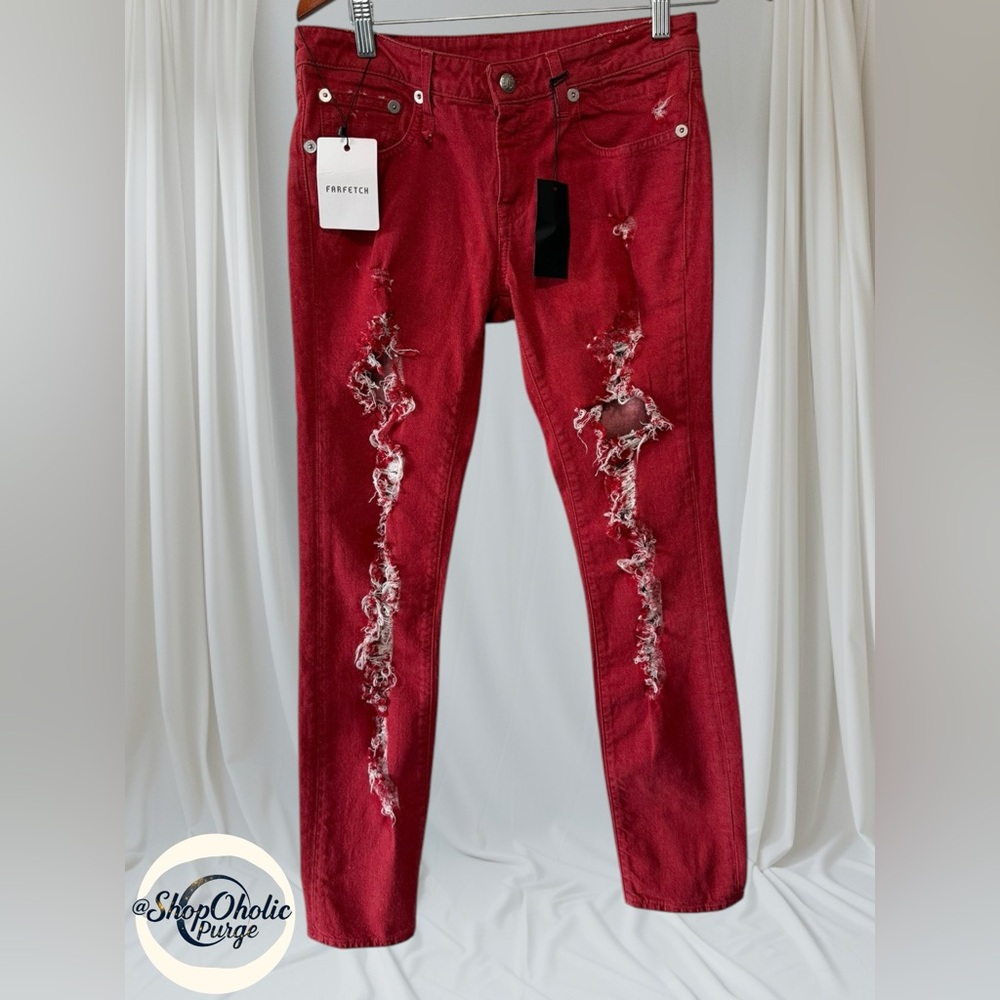 R13 Women's Skinny Jeans in Wine Red with Distressed Detailing